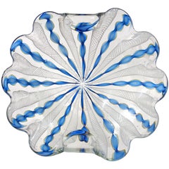 Vintage Murano White Blue Aventurine Flecks Ribbons Italian Art Glass Vide Poche Bowl