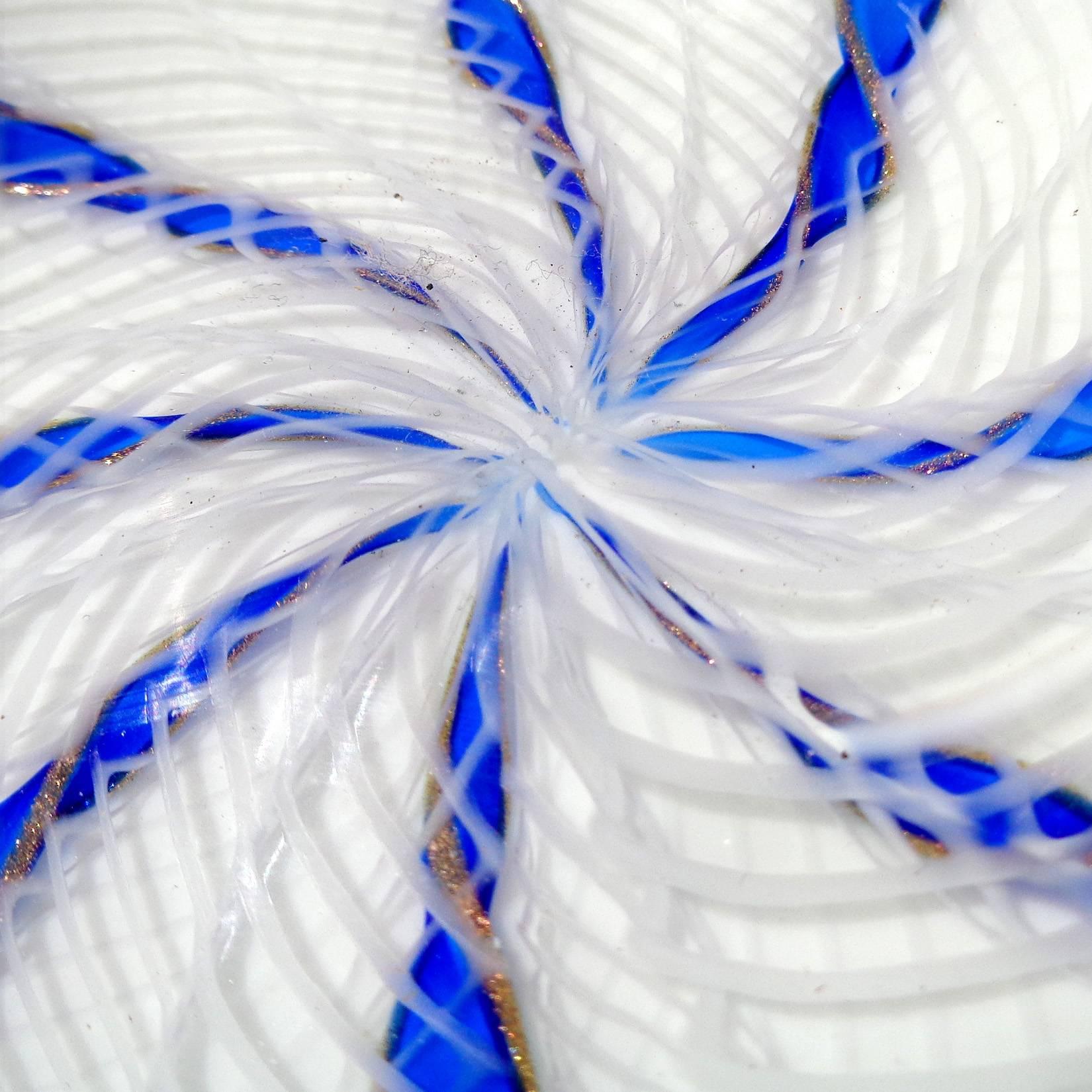 Mid-Century Modern Murano White Blue Aventurine Twist Ribbons Italian Art Glass Round Dish Bowl