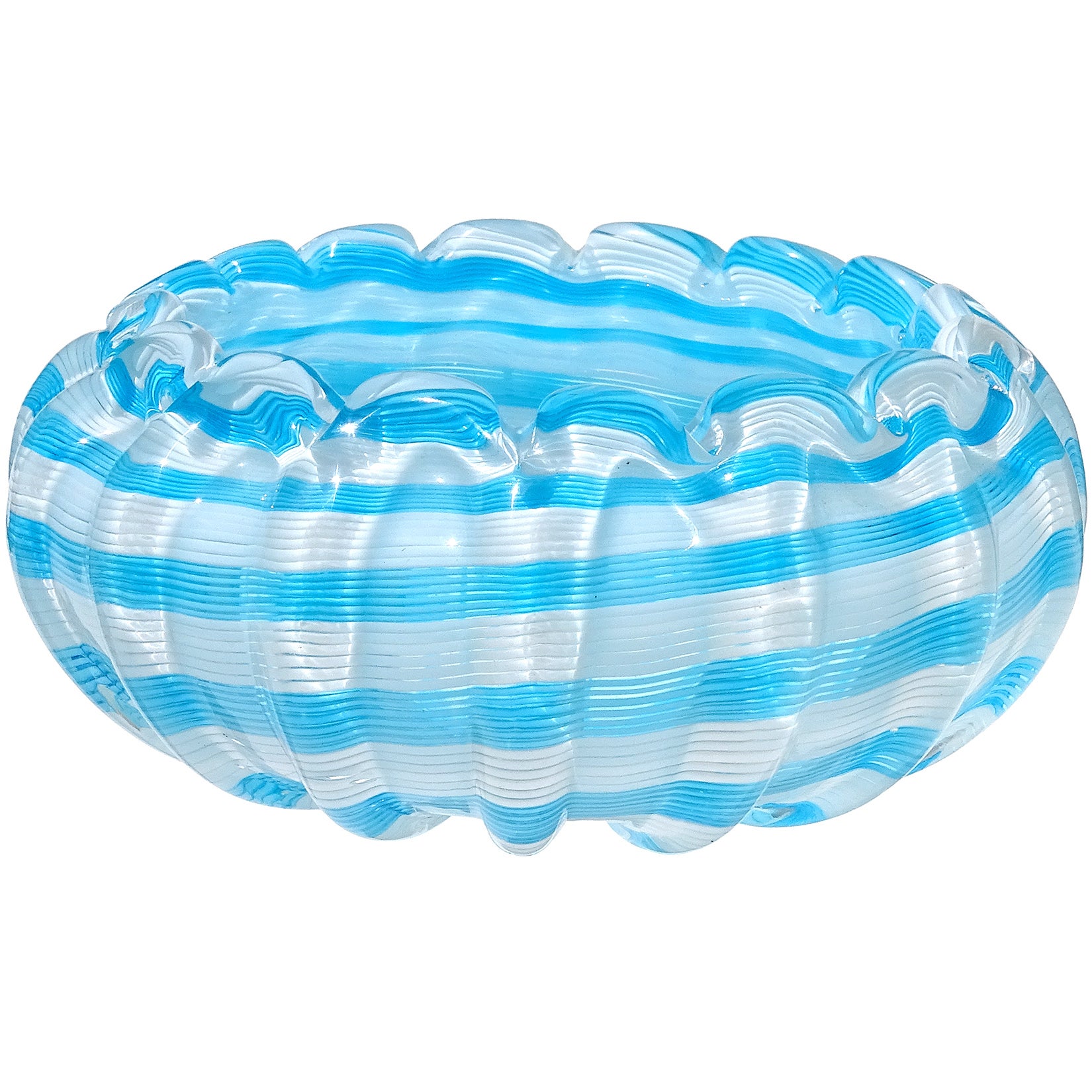Murano White Blue Optic Swirl Ribbons Italian Art Glass Ribbed Surface Bowl