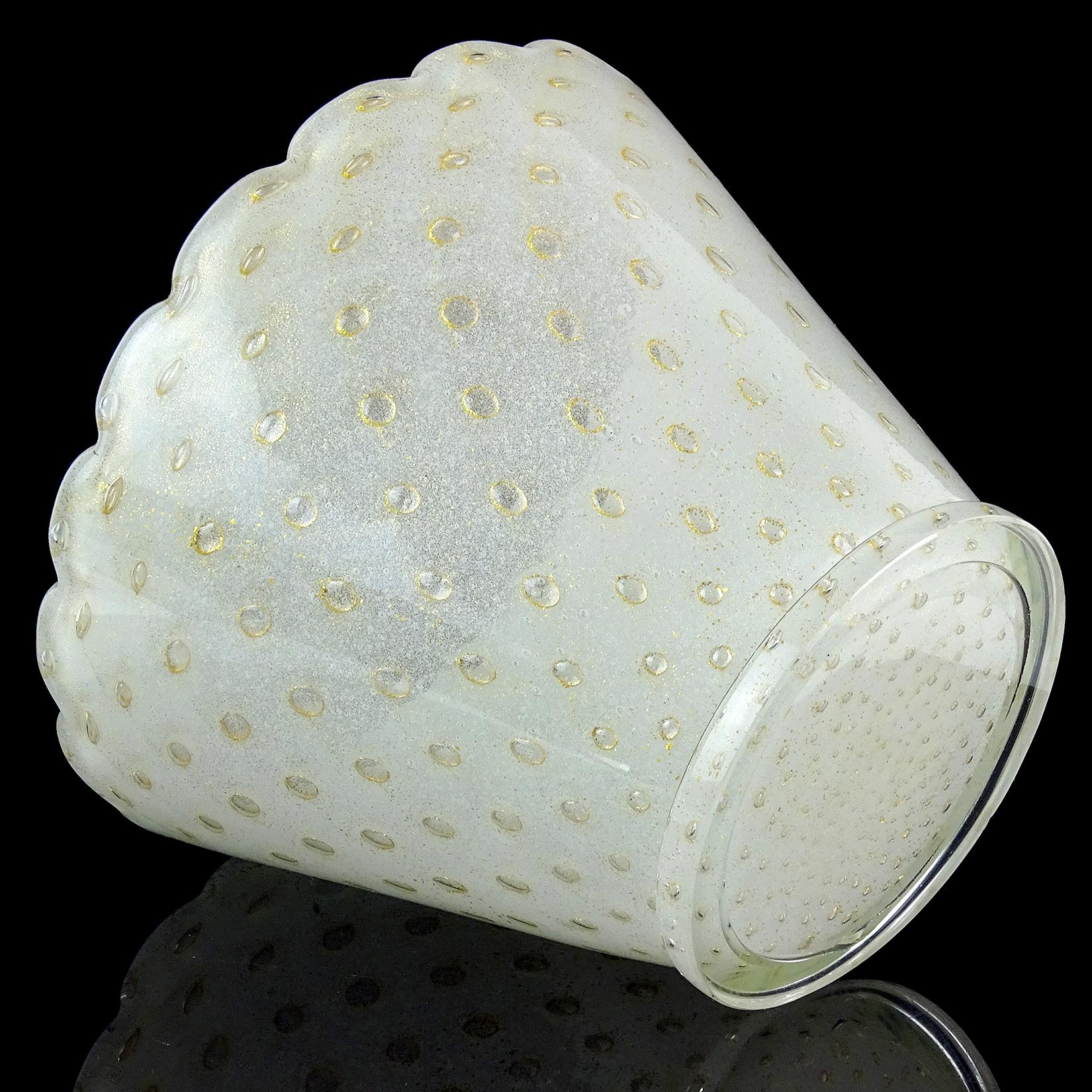 Mid-Century Modern Murano White Bubbles Pulegoso Gold Flecks Italian Art Glass Flower Pot Vase For Sale
