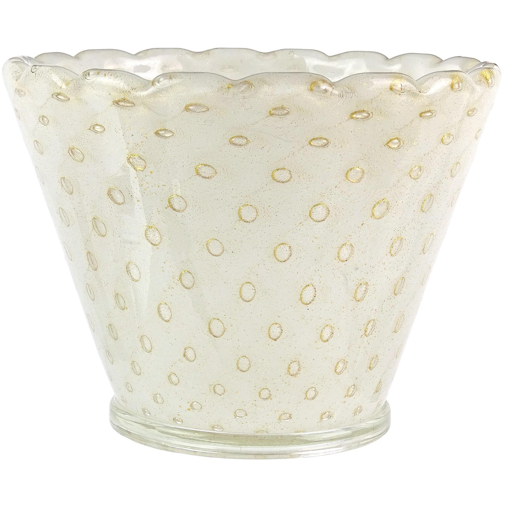 Murano White Bubbles Pulegoso Gold Flecks Italian Art Glass Flower Pot Vase For Sale 1