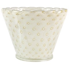 Murano White Bubbles Pulegoso Gold Flecks Italian Art Glass Flower Pot Vase