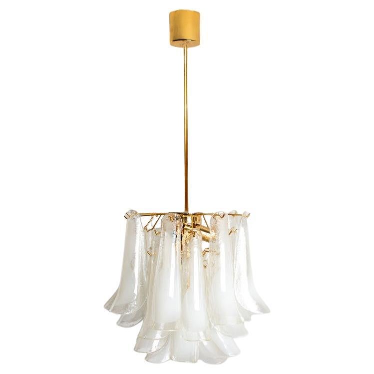 Murano White Clear Glass and Brass Chandelier, Italy, 1970s