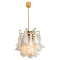 Murano White Clear Glass and Brass Chandelier, Italy, 1970s