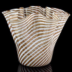 Murano White Copper Aventurine Flecks Ribbons Italian Art Glass Fazzoletto Vase