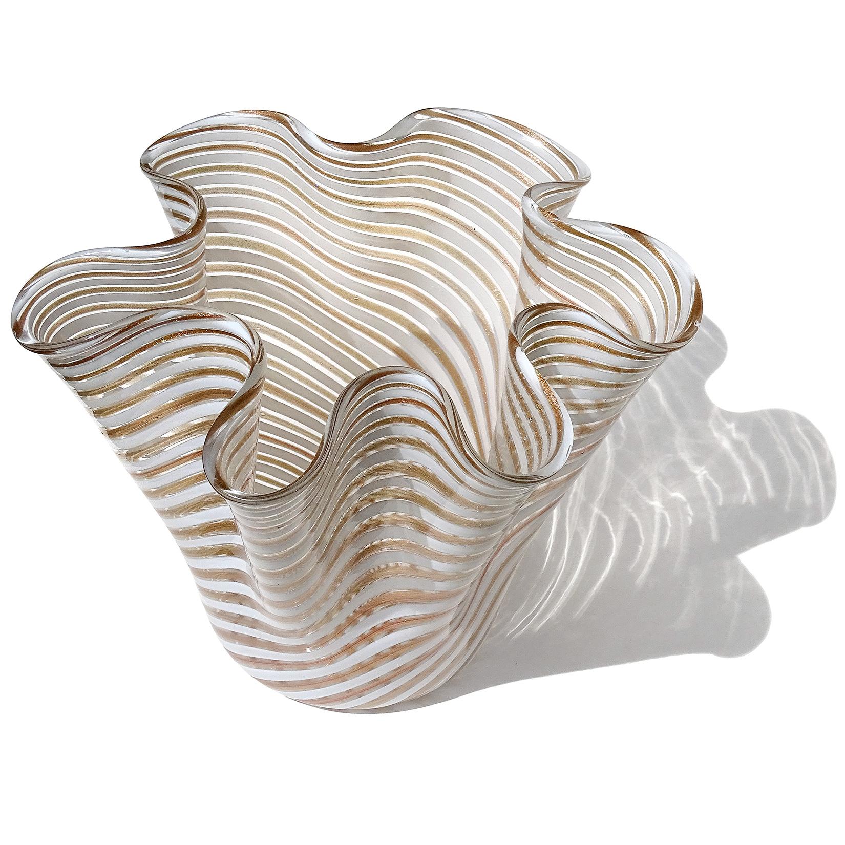 Mid-Century Modern Murano White Copper Aventurine Flecks Ribbons Italian Art Glass Fazzoletto Vase