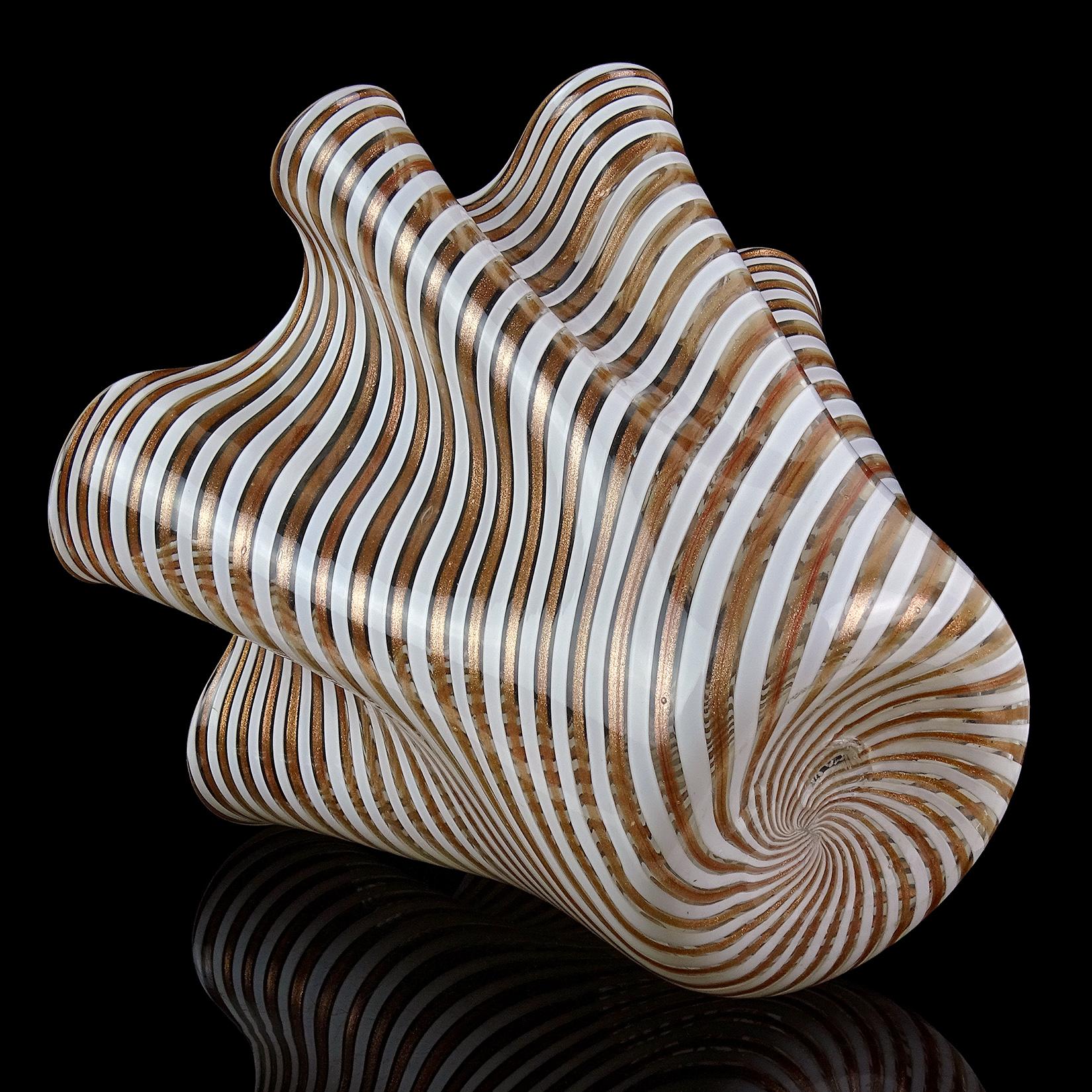 Murano White Copper Aventurine Flecks Ribbons Italian Art Glass Fazzoletto Vase 2