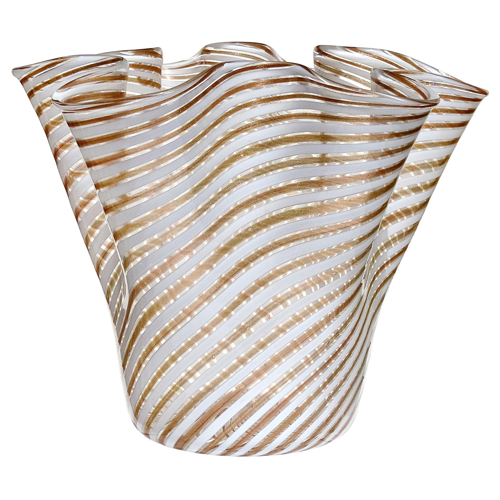 Murano White Copper Aventurine Flecks Ribbons Italian Art Glass Fazzoletto Vase