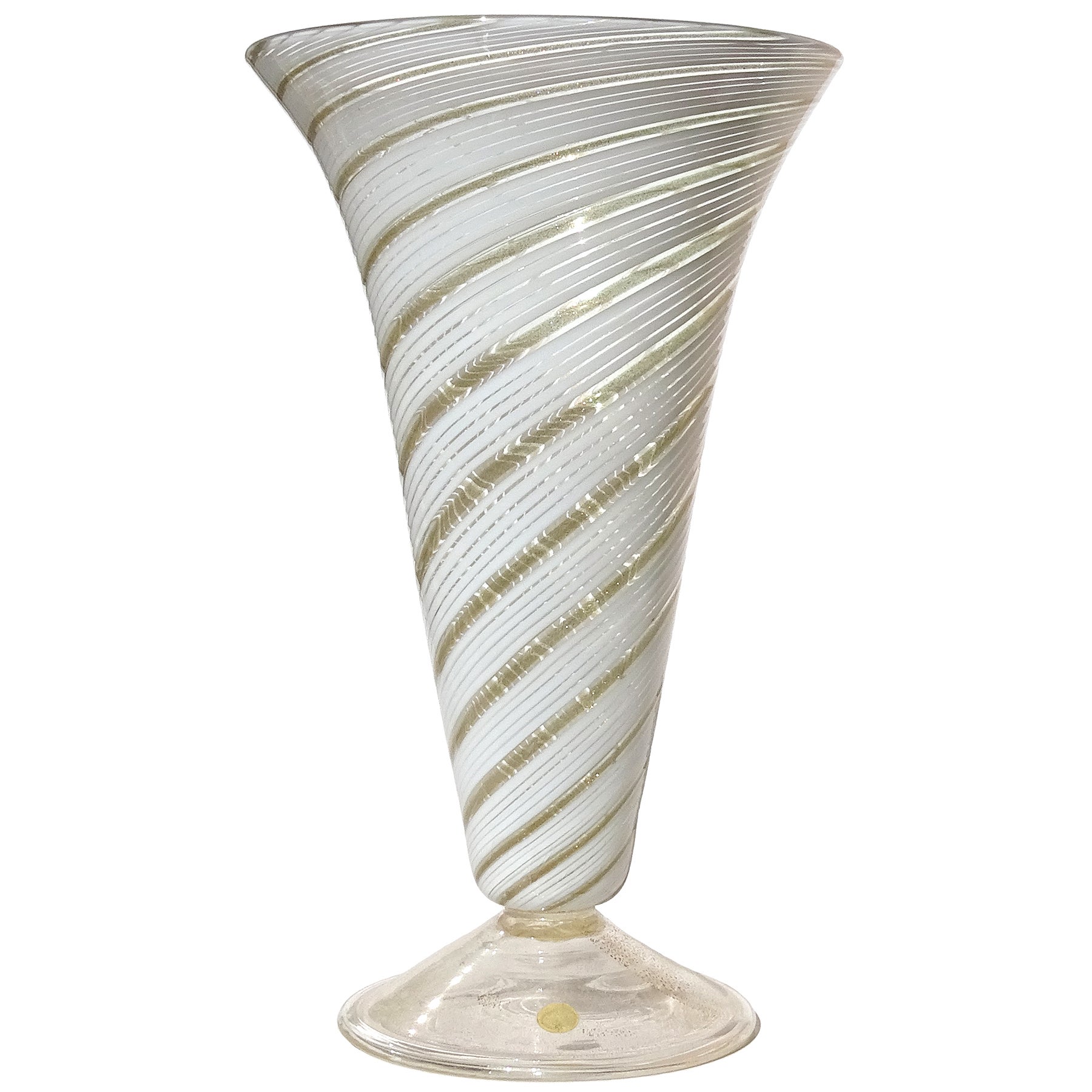 Murano White Copper Aventurine Ribbons Italian Art Glass Footed Flower Vase