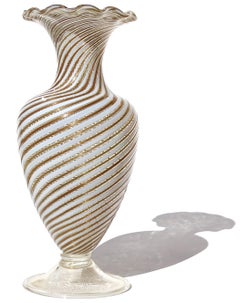 Murano White Copper Aventurine Ribbons Italian Art Glass Ruffle Rim Flower Vase