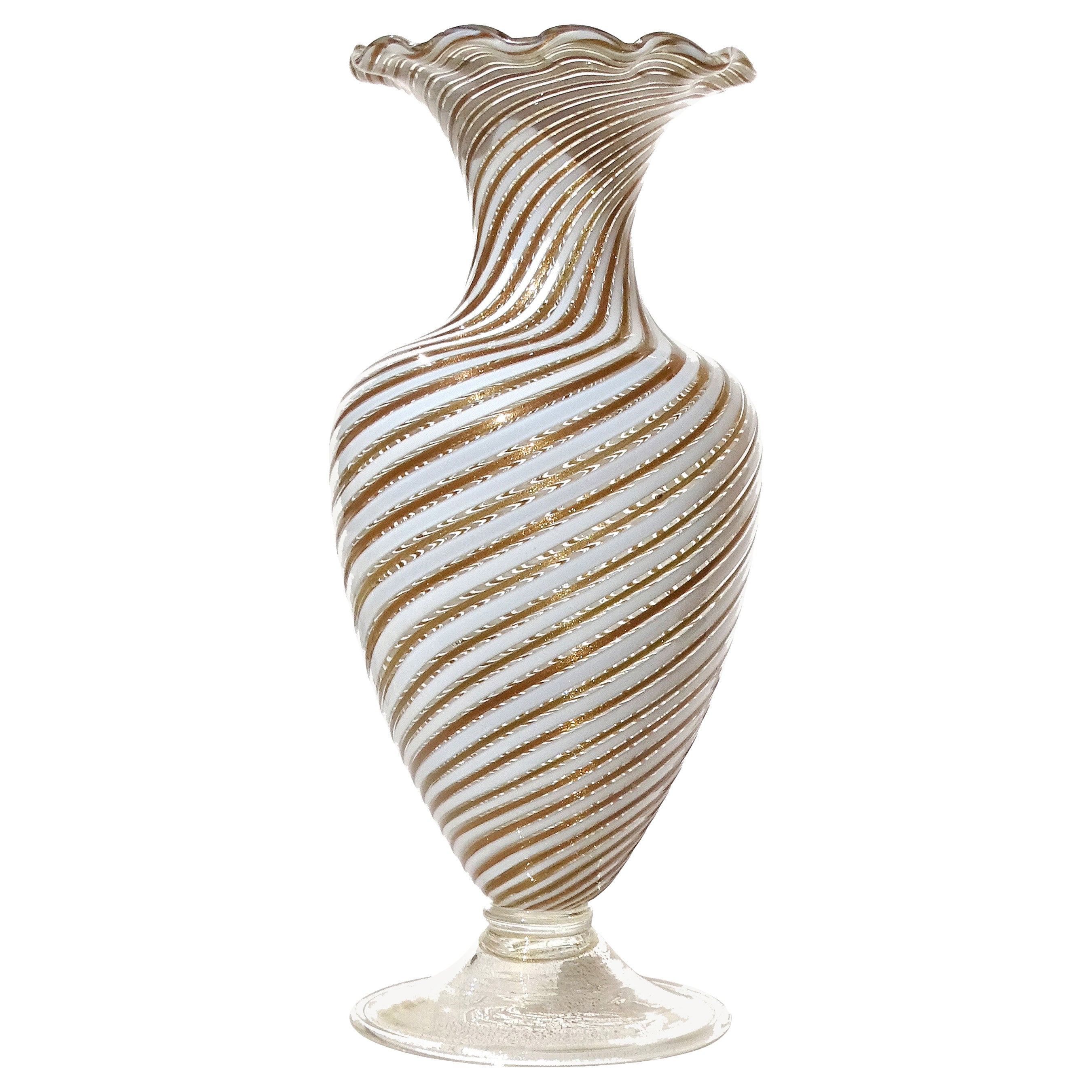 Vase à fleurs en verre d
art italien avec rubans d
aventurine en cuivre blanc de Murano