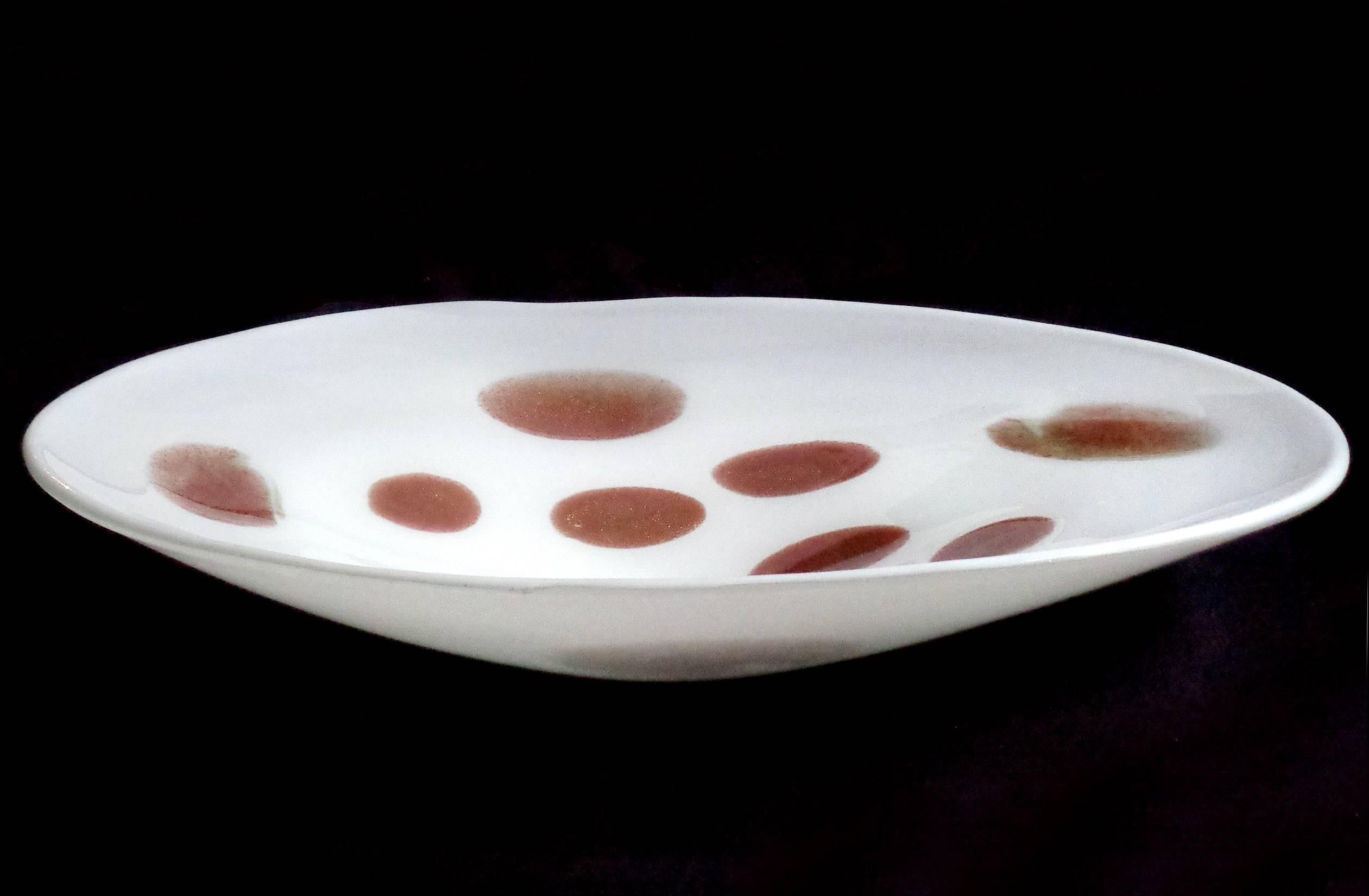 Hand-Crafted Murano White Copper Aventurine Spots Italian Art Glass Centerpiece Bowl
