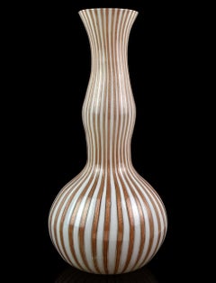 Murano White Copper Flecks Ribbons Italian Art Glass Genie Bottle Flower Vase
