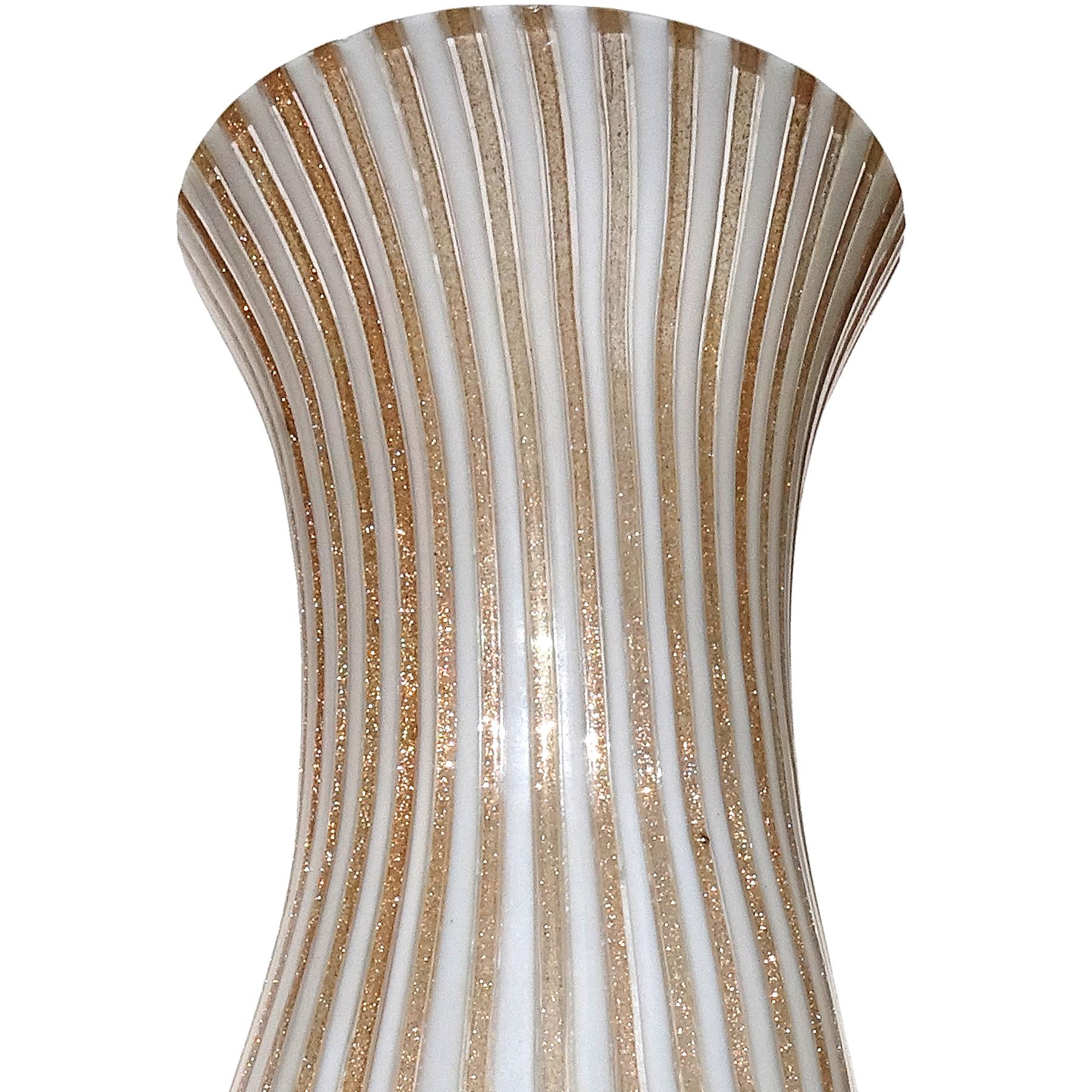 Mid-Century Modern Murano White Copper Flecks Ribbons Italian Art Glass Genie Bottle Flower Vase