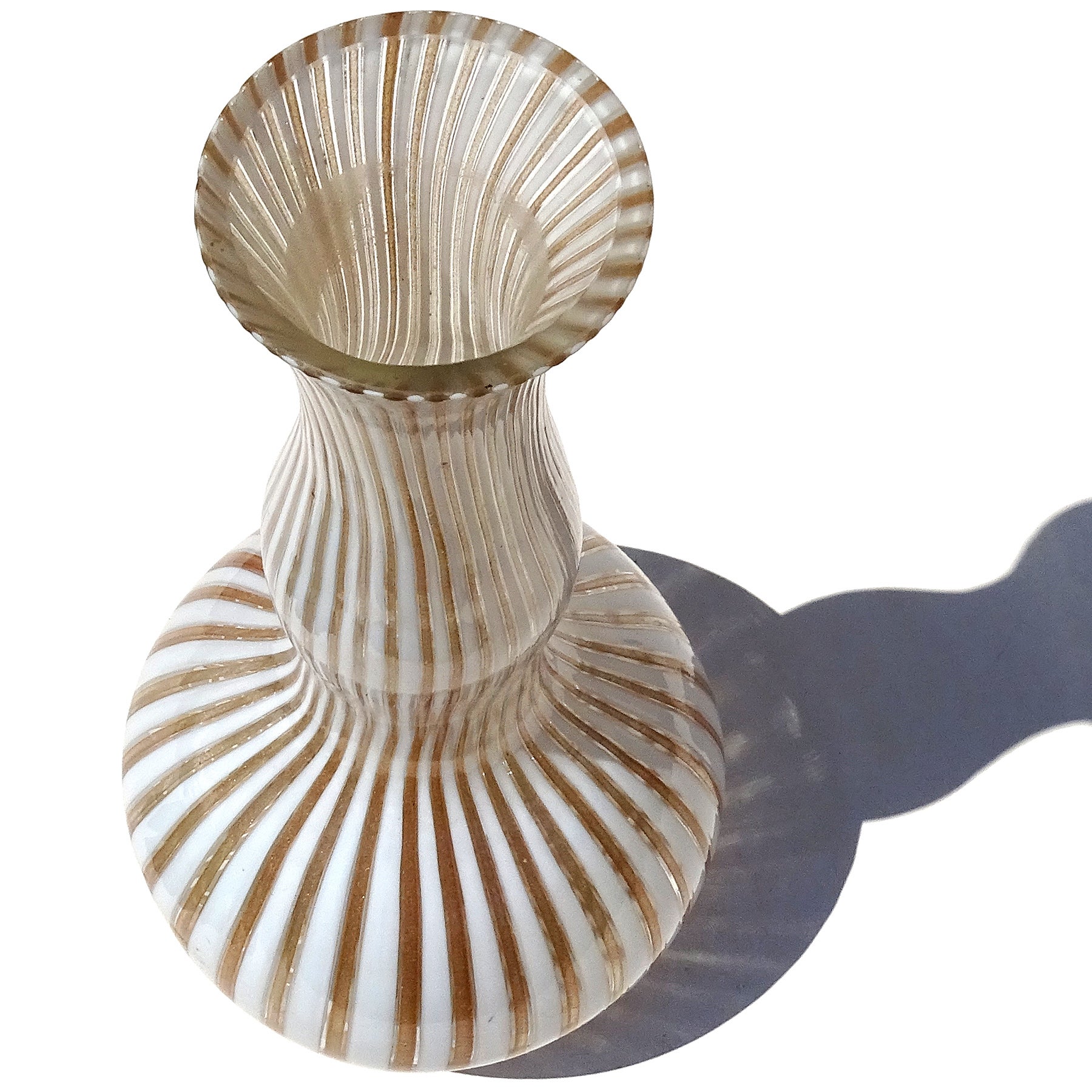 Hand-Crafted Murano White Copper Flecks Ribbons Italian Art Glass Genie Bottle Flower Vase