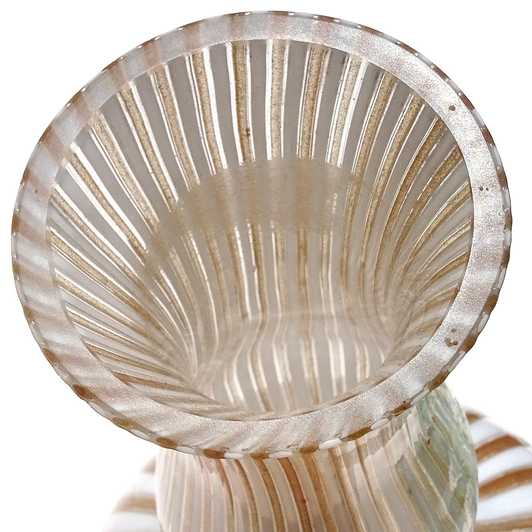 20th Century Murano White Copper Flecks Ribbons Italian Art Glass Genie Bottle Flower Vase