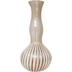Murano White Copper Flecks Ribbons Italian Art Glass Genie Bottle Flower Vase