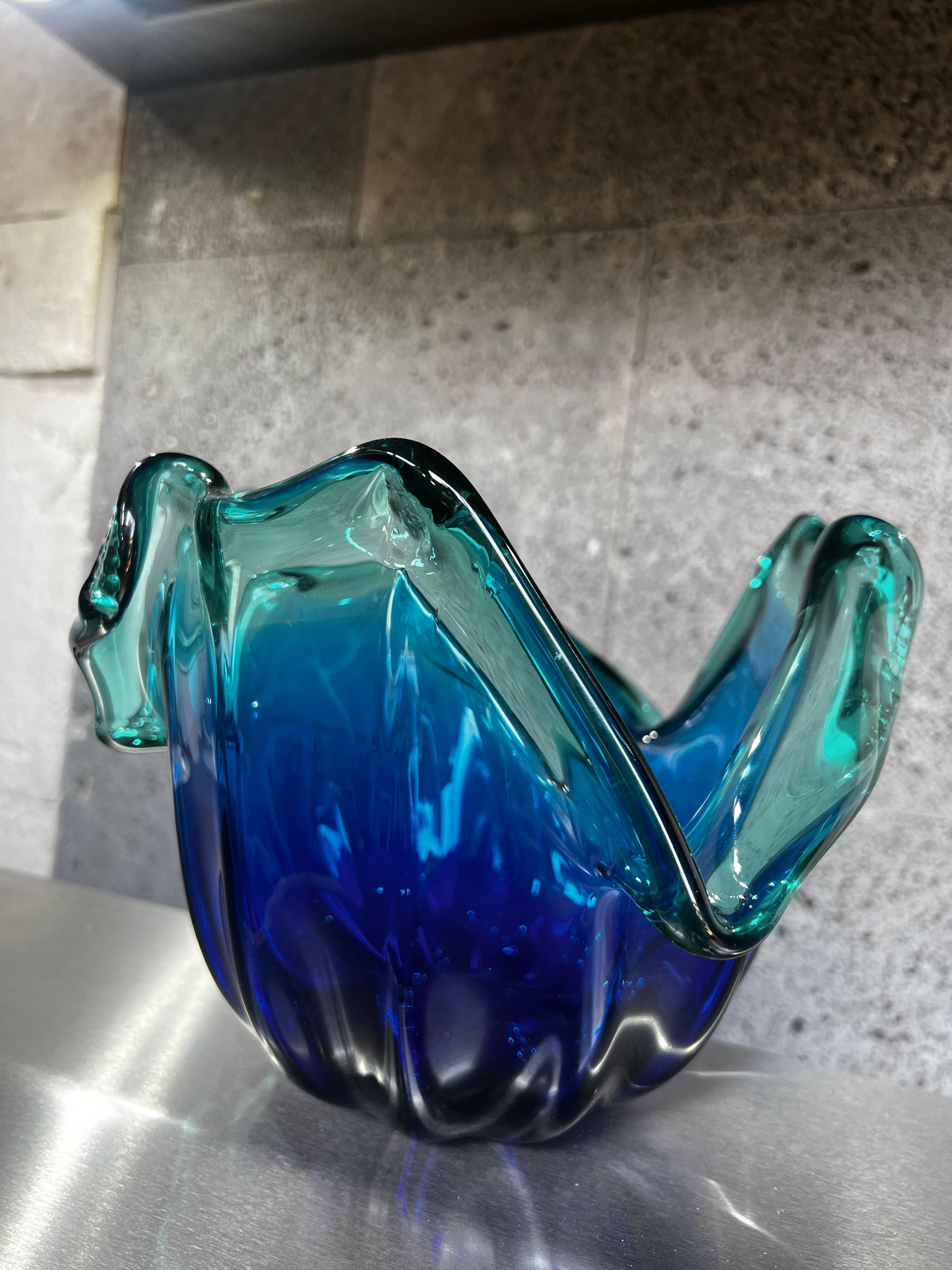 Mid-Century Modern Murano White Cristal Blue and Green Bowl