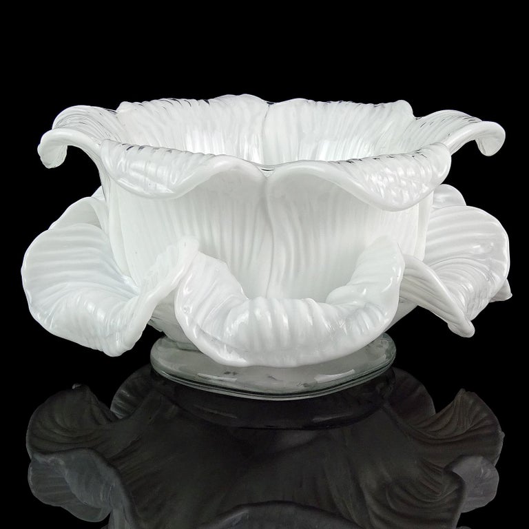 Murano White Double Petals Italian Art Glass Flower Bowls Candleholders