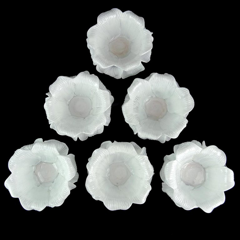Murano White Double Petals Italian Art Glass Flower Bowls Candleholders