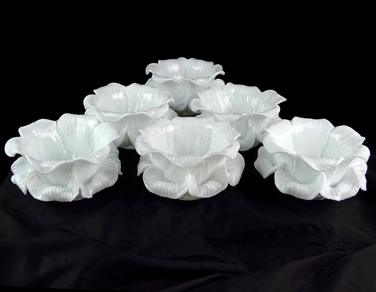 Murano White Double Petals Italian Art Glass Flower Bowls Candleholders