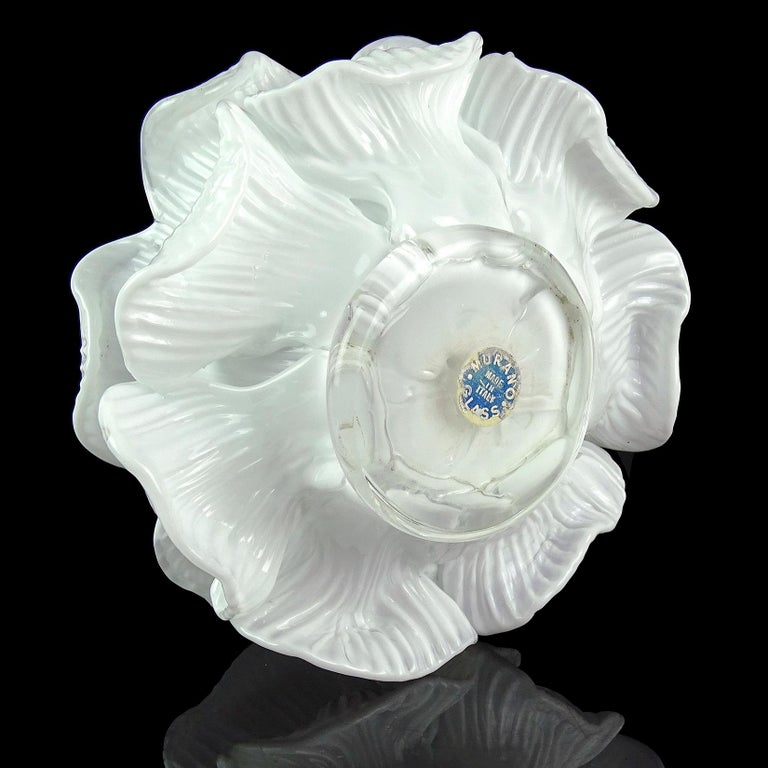 Murano White Double Petals Italian Art Glass Flower Bowls Candleholders