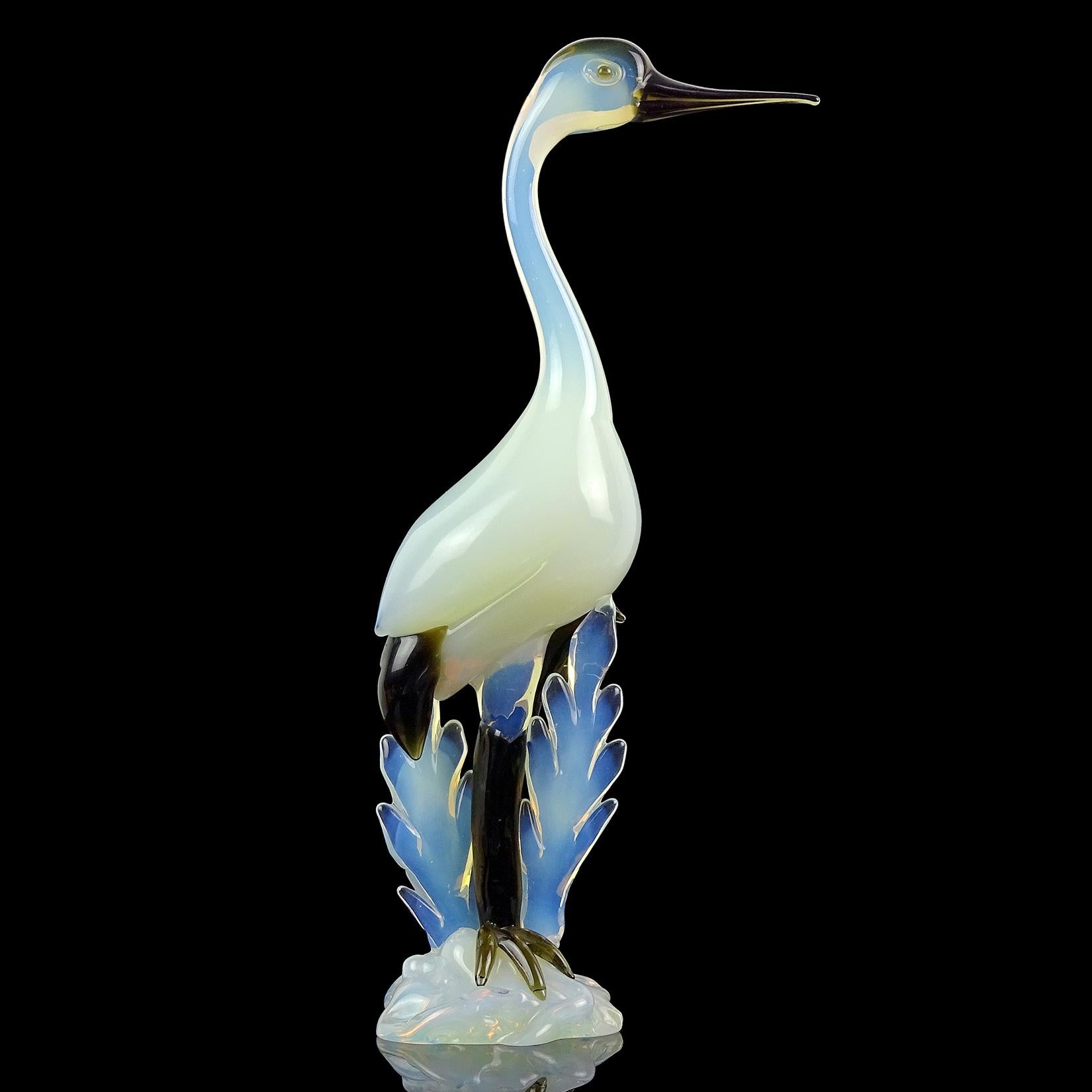 Seguso Vetri d'Arte Murano White Opal Olive Italian Art Glass Crane Sculpture 1