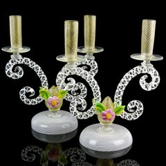 Murano White Filigrana Gold Leaf Flowers Italian Art Glass Candlestick Pair