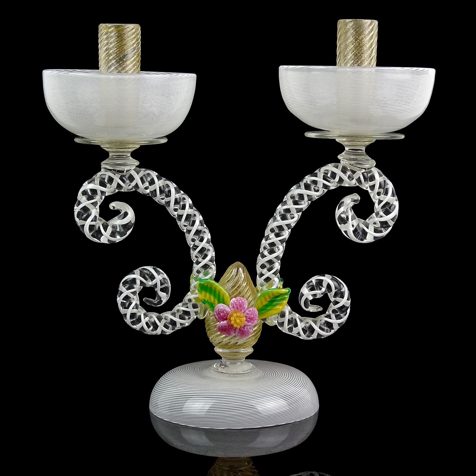 Art Deco Murano White Filigrana Gold Leaf Flowers Italian Art Glass Candlestick Pair