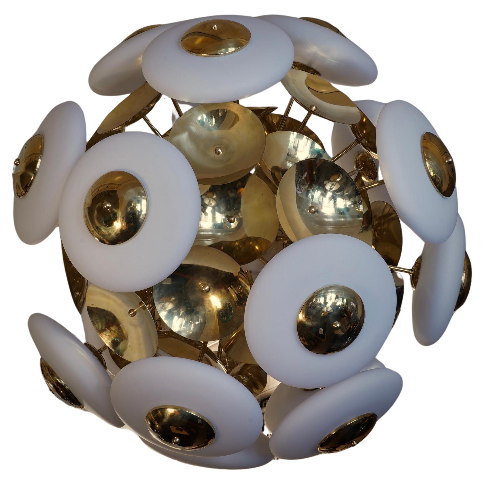 Murano Sputnik White Glass and Brass Round Chandelier and Pendant, 2000