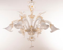 Murano White Gold Art Glass Chandelier 6 lights, Vintage Made in Italy in Stock