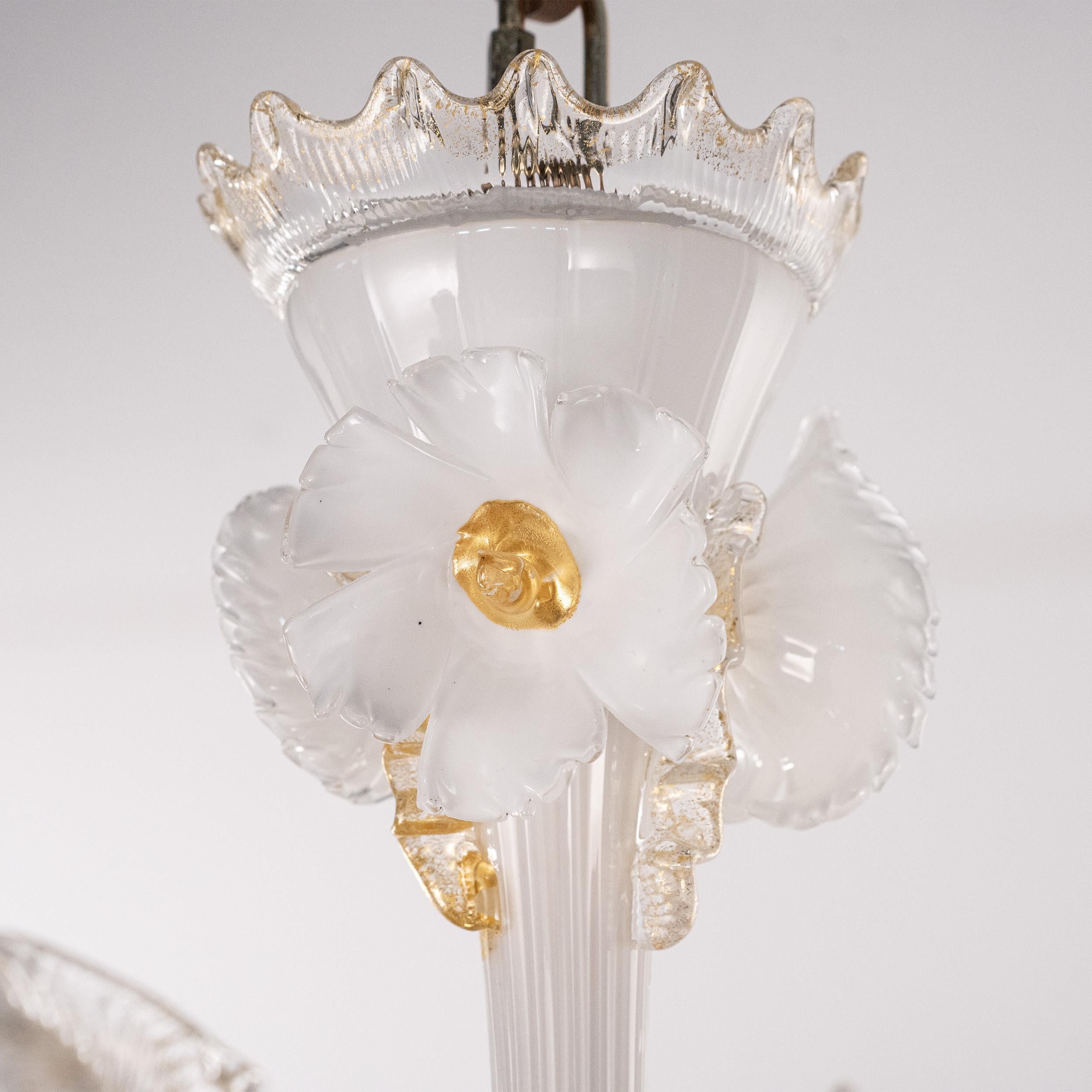 Murano Weiß Gold Kunstglas Kronleuchter 6 Lichter, Vintage Made in Italy auf Lager (Italienisch) im Angebot