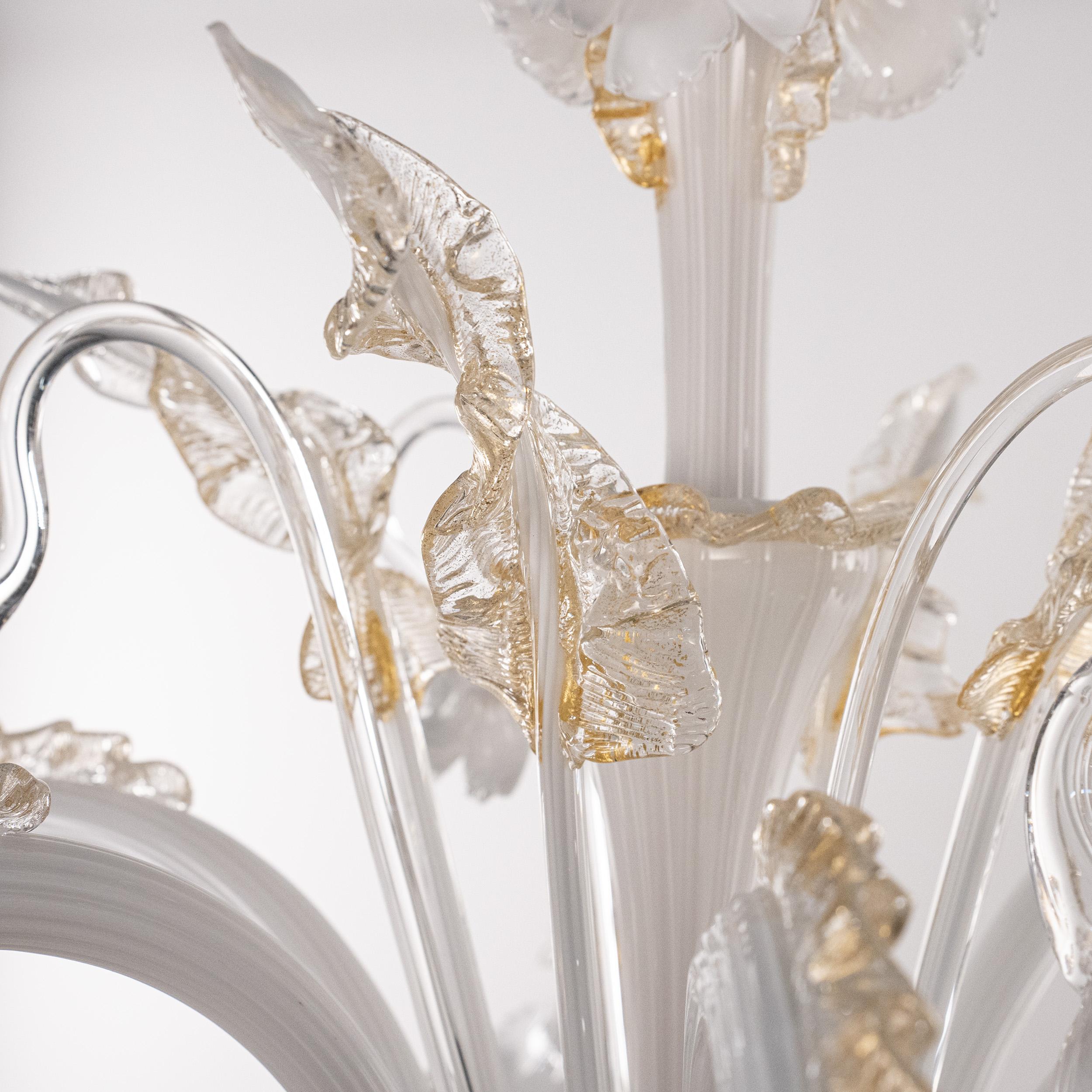 Murano Weiß Gold Kunstglas Kronleuchter 6 Lichter, Vintage Made in Italy auf Lager im Angebot 1