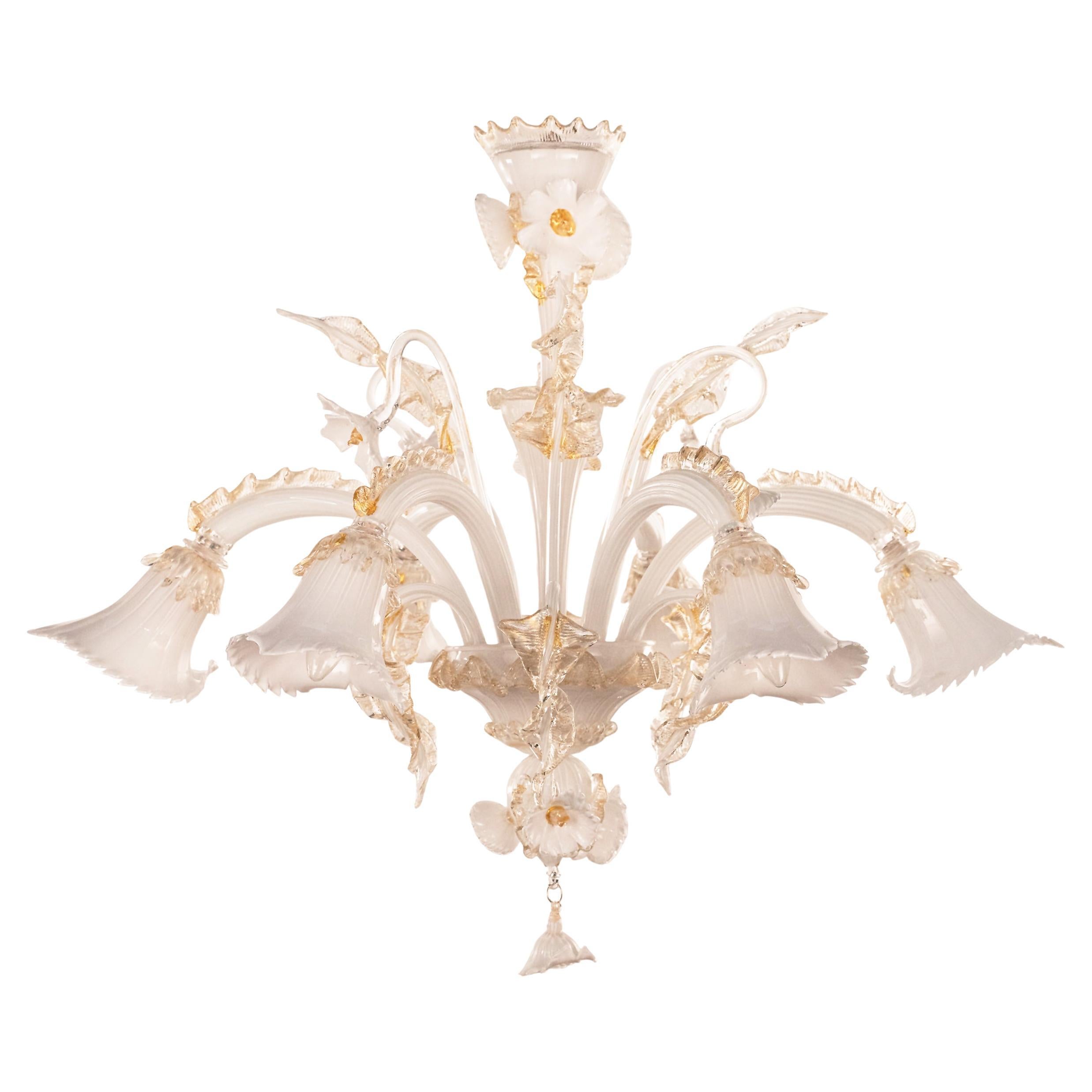 Murano Weiß Gold Kunstglas Kronleuchter 6 Lichter, Vintage Made in Italy auf Lager