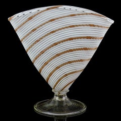 Murano White Gold Aventurine Ribbons Italian Art Glass Fan Shaped Flower Vase