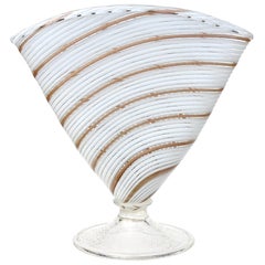 Murano White Gold Aventurine Ribbons Italian Art Glass Fan Shaped Flower Vase
