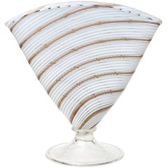 Murano White Gold Aventurine Ribbons Italian Art Glass Fan Shaped Flower Vase