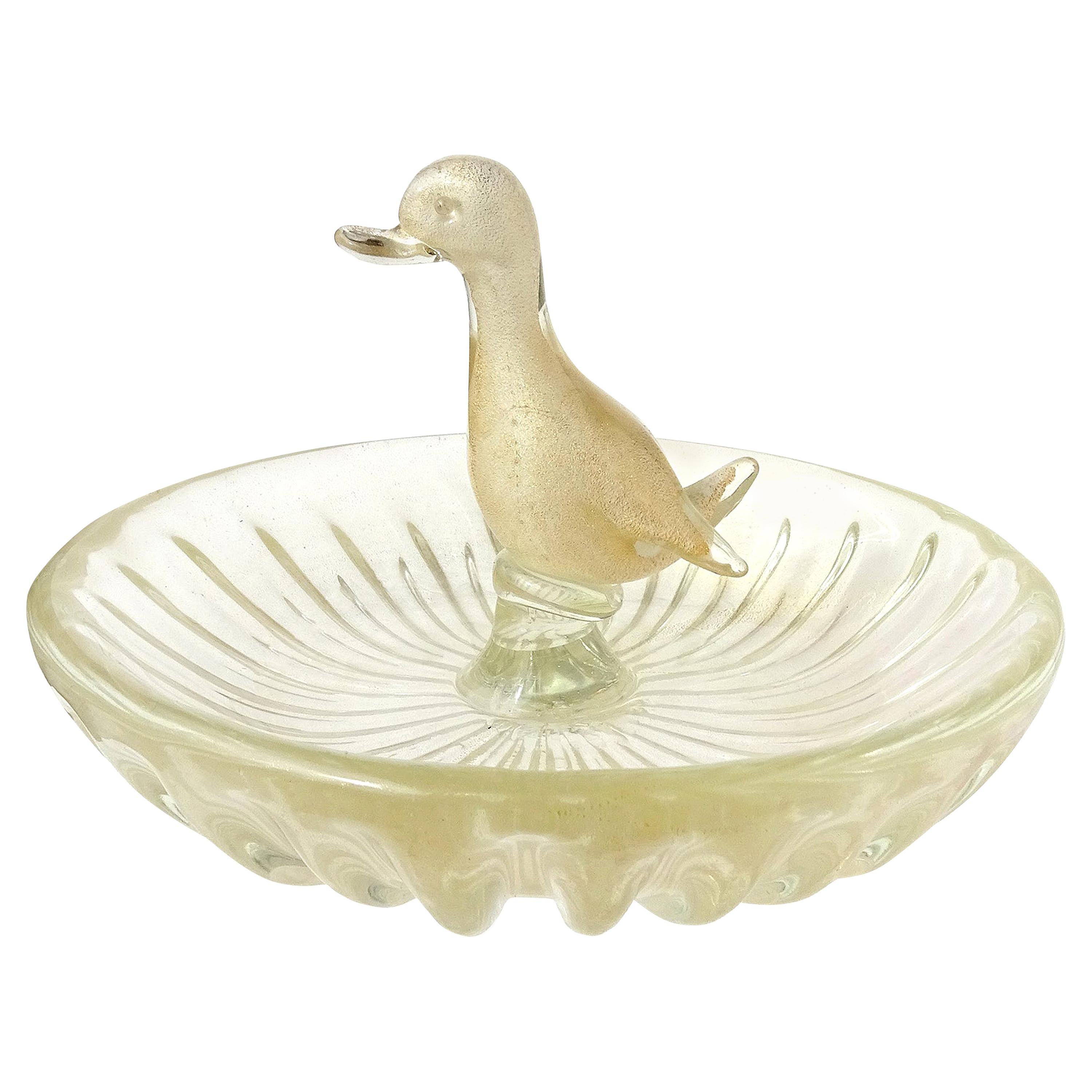 Murano White Gold Flecks Italian Art Glass Decorative Duck Jewelry Ring Bowl For Sale