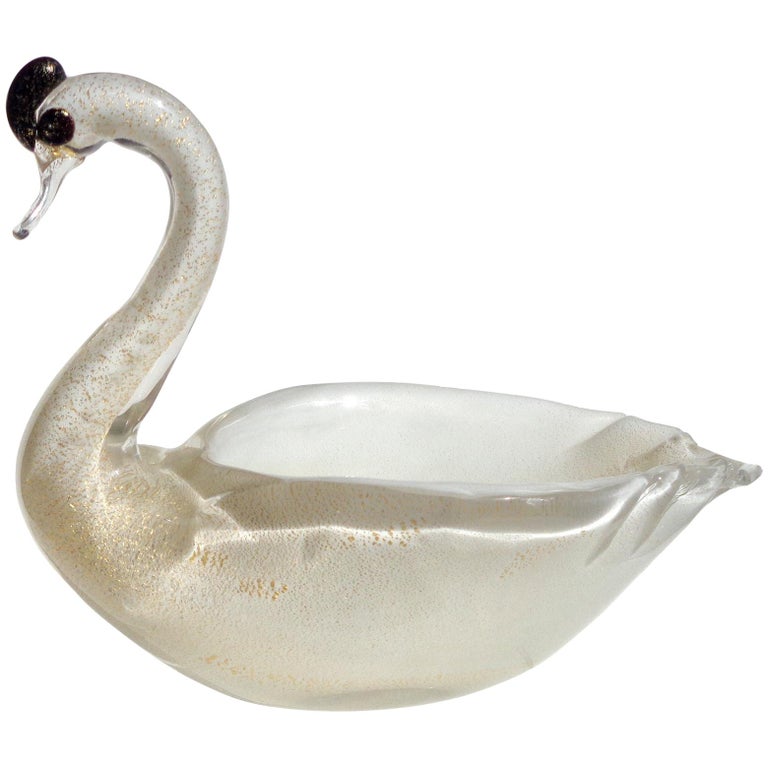 Murano White Gold Flecks Italian Art Glass Decorative Sculptural Swan Bird Bowl For Sale At 1stdibs