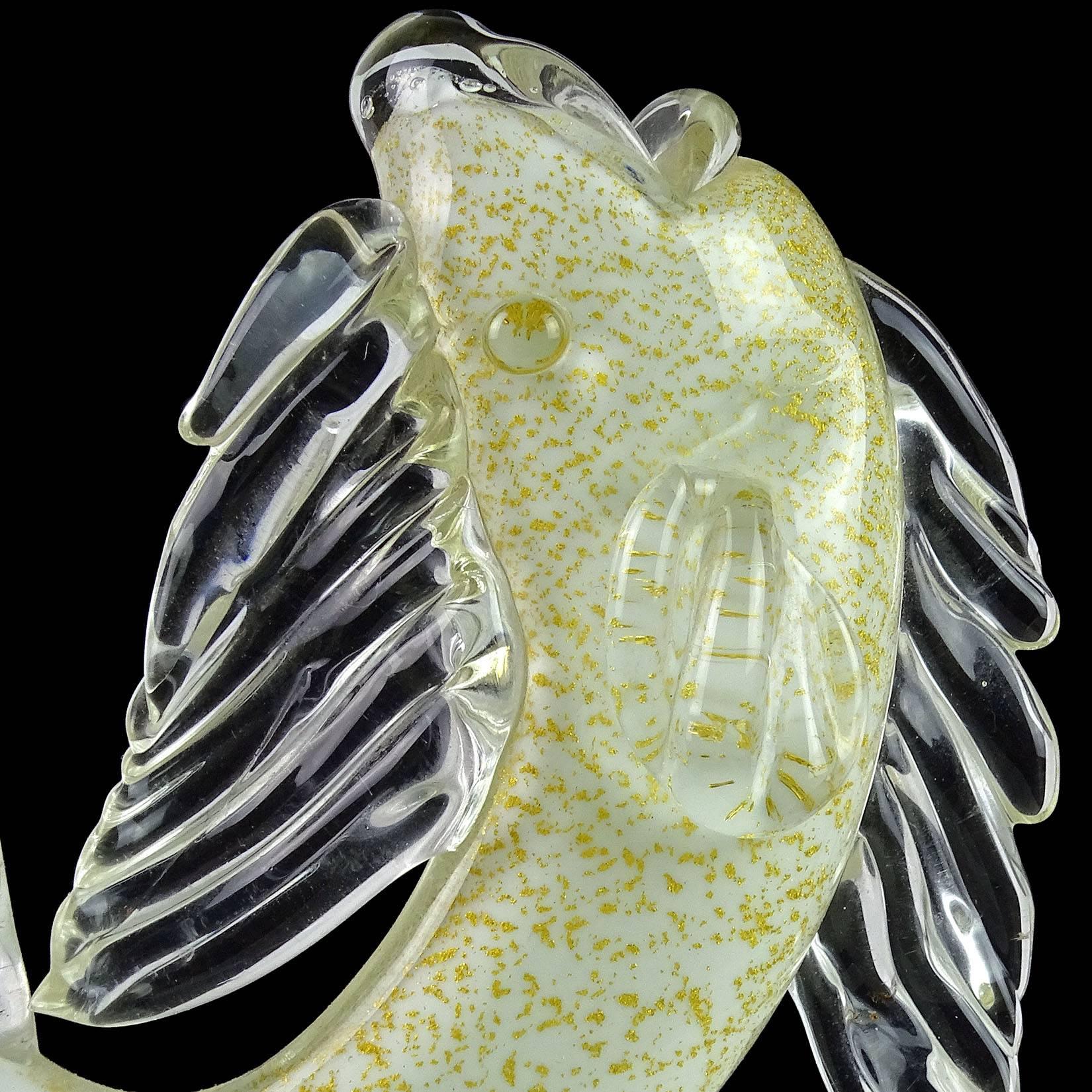 Mid-Century Modern Murano White Gold Flecks Italian Art Glass Fish Decorative Ring Dish Bowl
