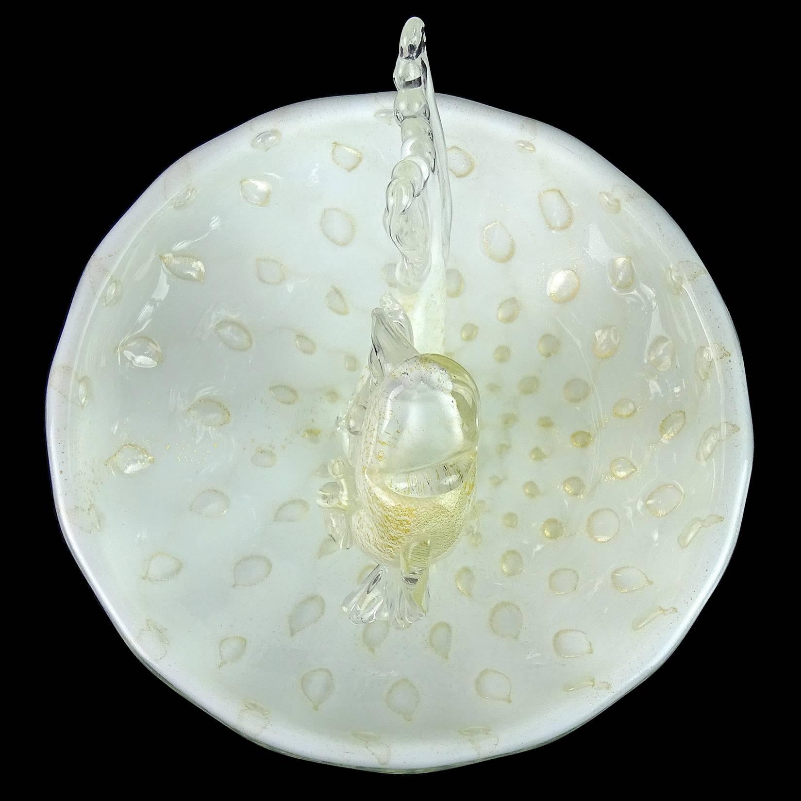 Hand-Crafted Murano White Gold Flecks Italian Art Glass Fish Decorative Ring Dish Bowl