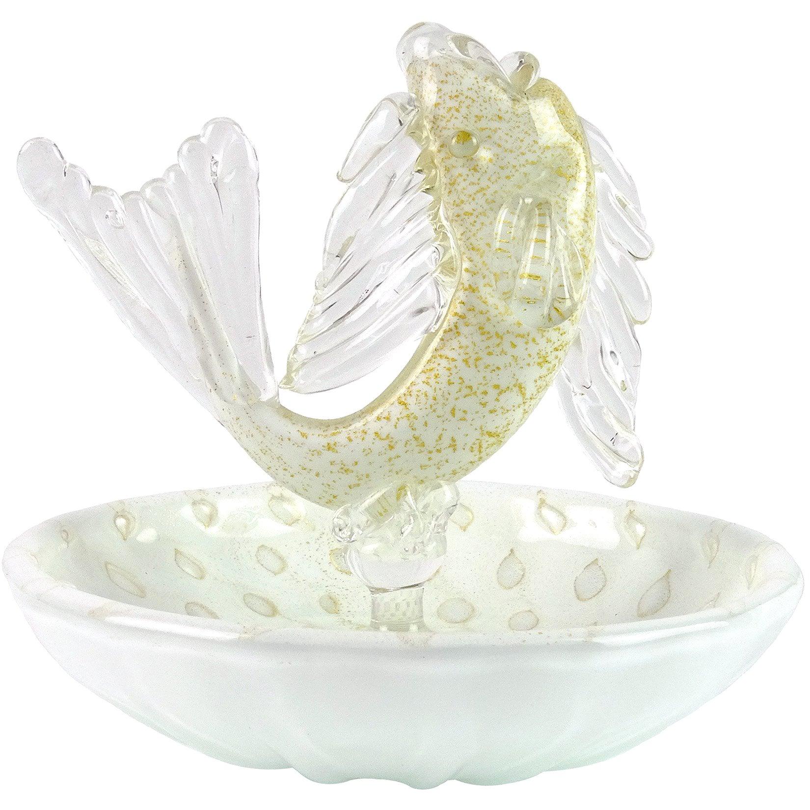 Murano White Gold Flecks Italian Art Glass Fish Decorative Ring Dish Bowl