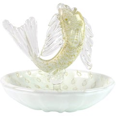 Murano White Gold Flecks Italian Art Glass Fish Decorative Ring Dish Bowl