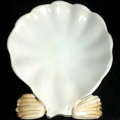 Murano White Gold Flecks Italian Art Glass Seashell Candlesticks and Bowl Set