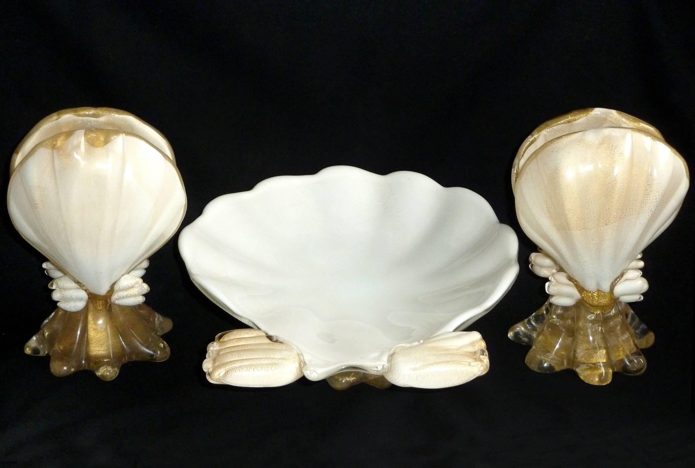 Mid-Century Modern Murano White Gold Flecks Italian Art Glass Seashell Candlesticks and Bowl Set For Sale