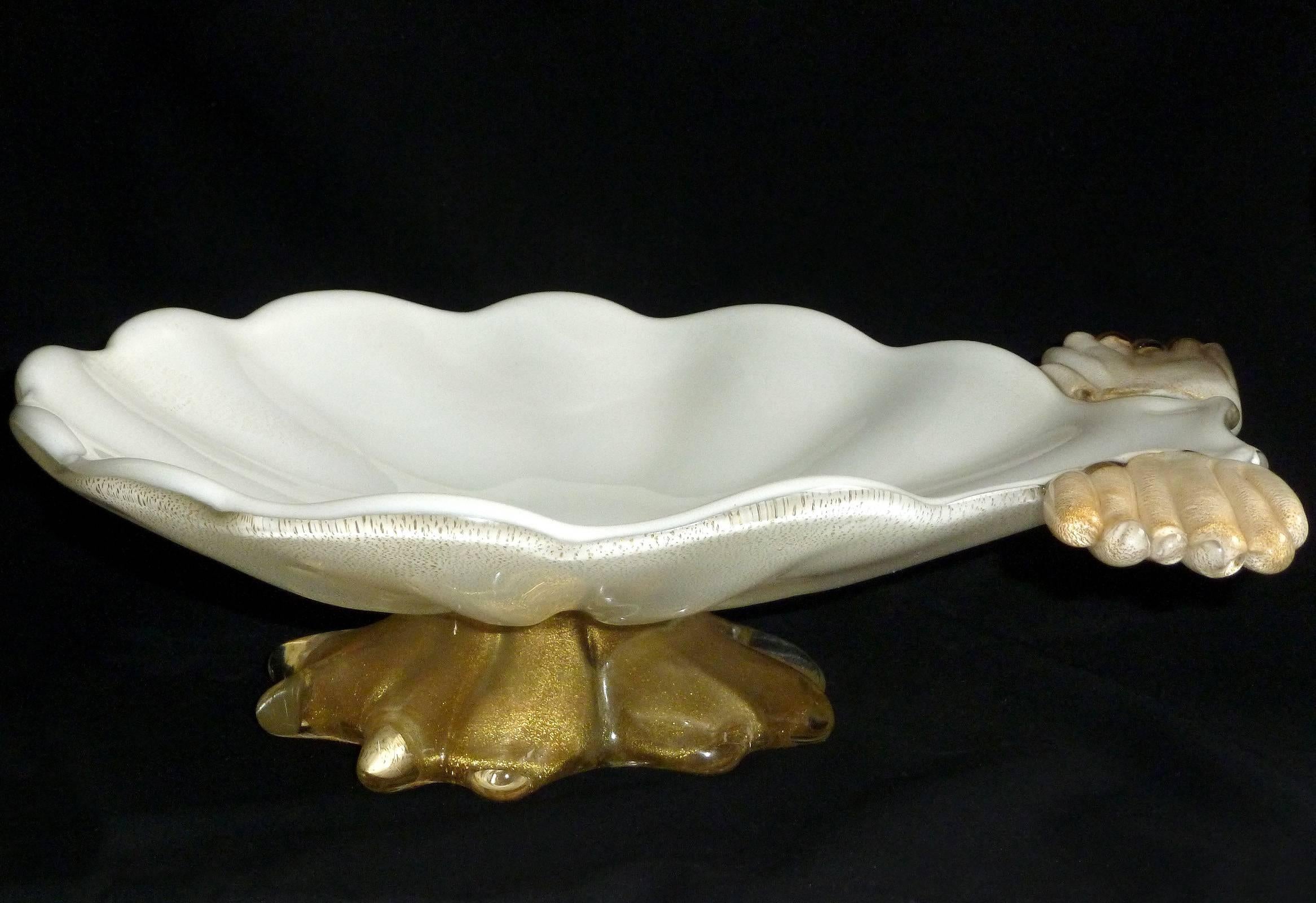 Hand-Crafted Murano White Gold Flecks Italian Art Glass Seashell Candlesticks and Bowl Set For Sale