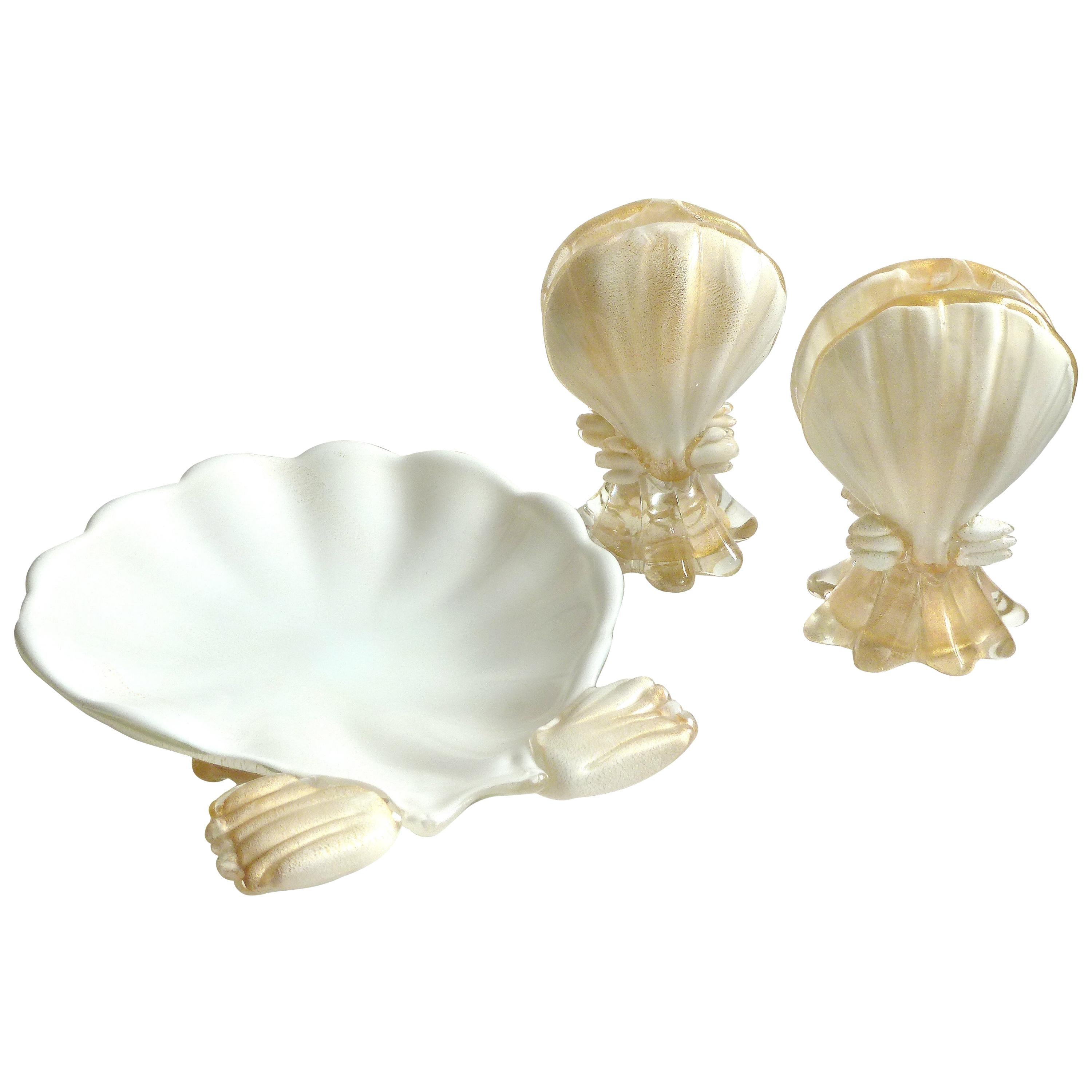 Murano White Gold Flecks Italian Art Glass Seashell Candlesticks and Bowl Set For Sale