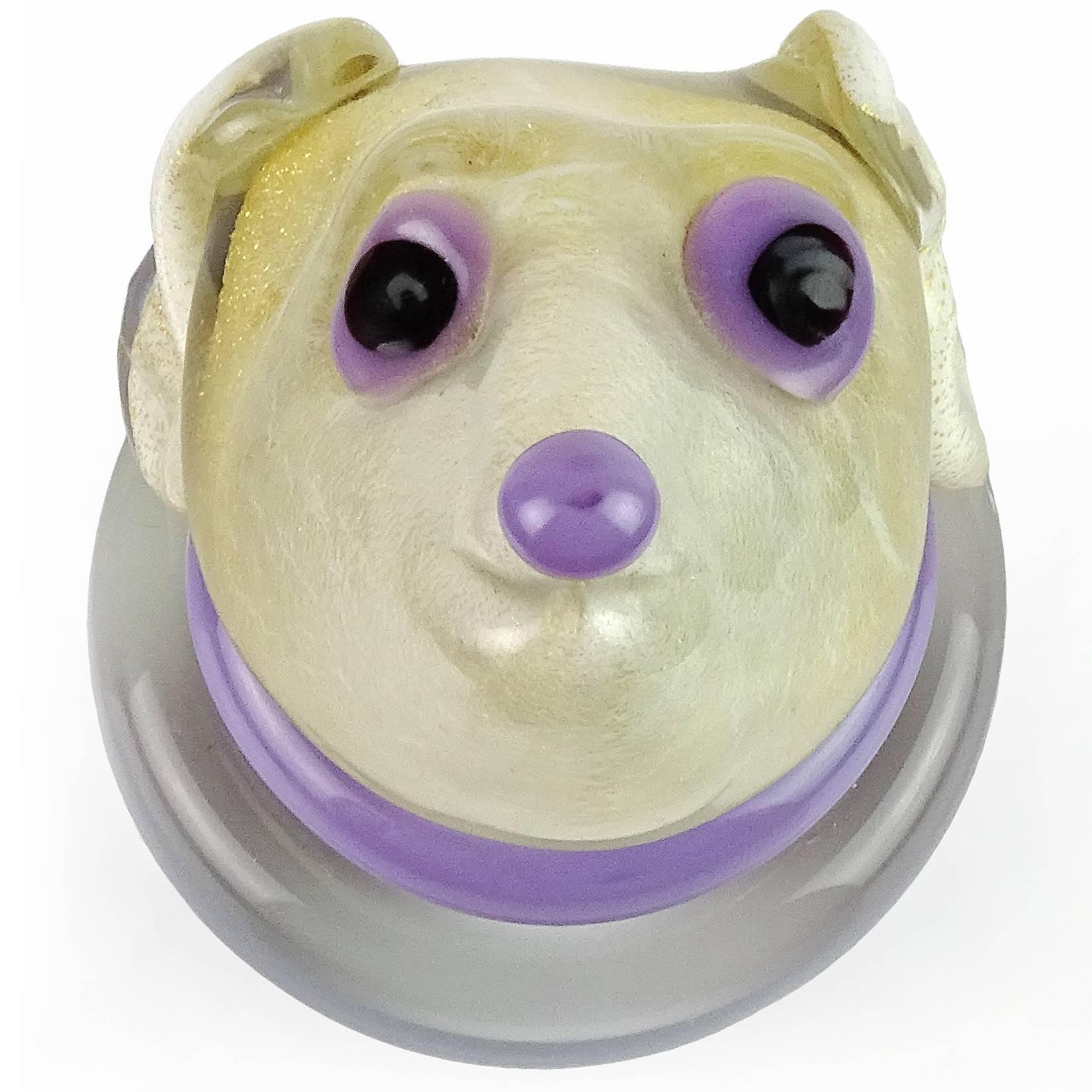 Beautiful and rare Murano hand blown white, gold flecks and purple accents Italian art glass puppy dog sculpture / paperweight. Documented to designer Alfredo Barbini. Profusely covered in gold leaf, with clear base. Measures 5