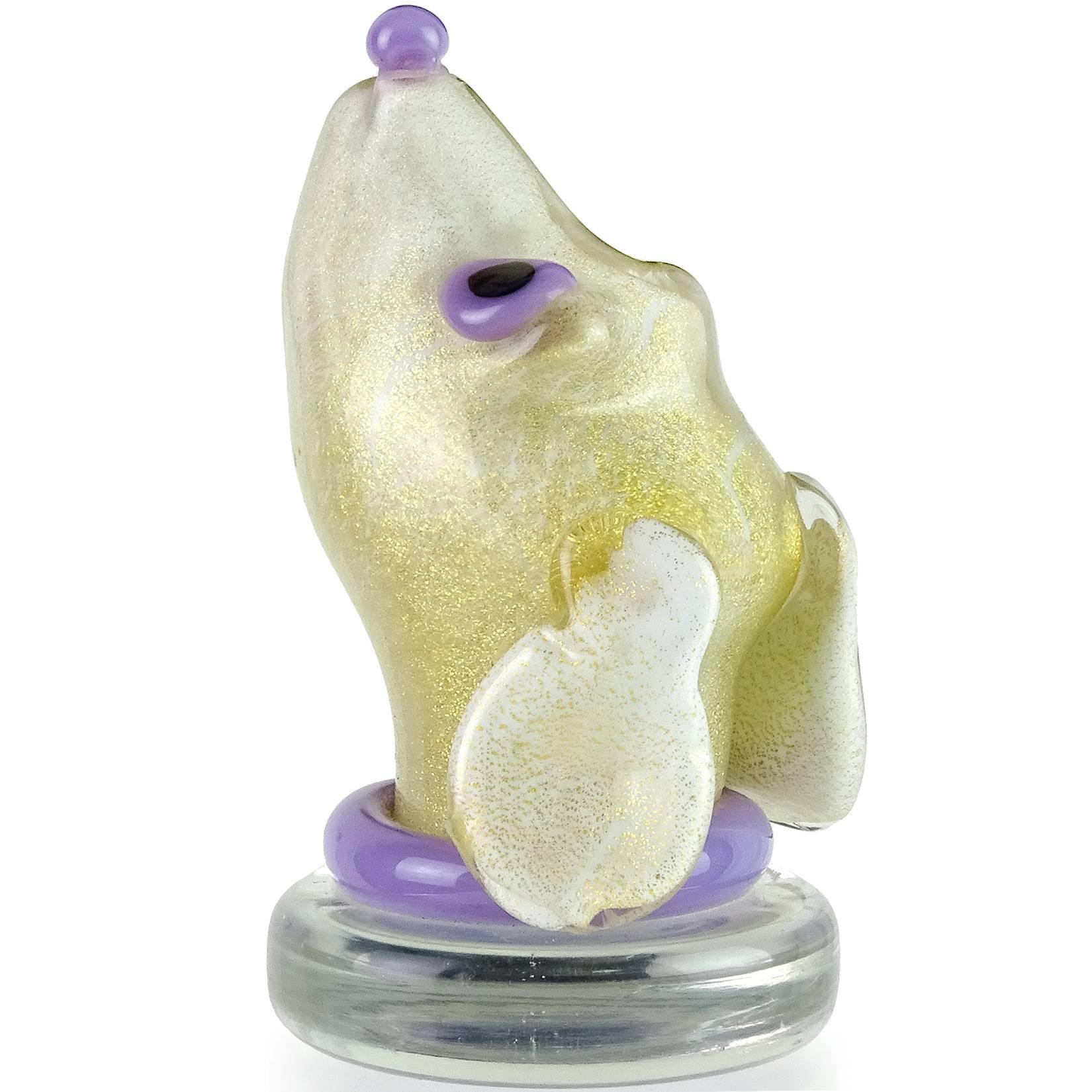 Mid-Century Modern Murano White Gold Flecks Purple Italian Art Glass Puppy Dog Head Paperweight