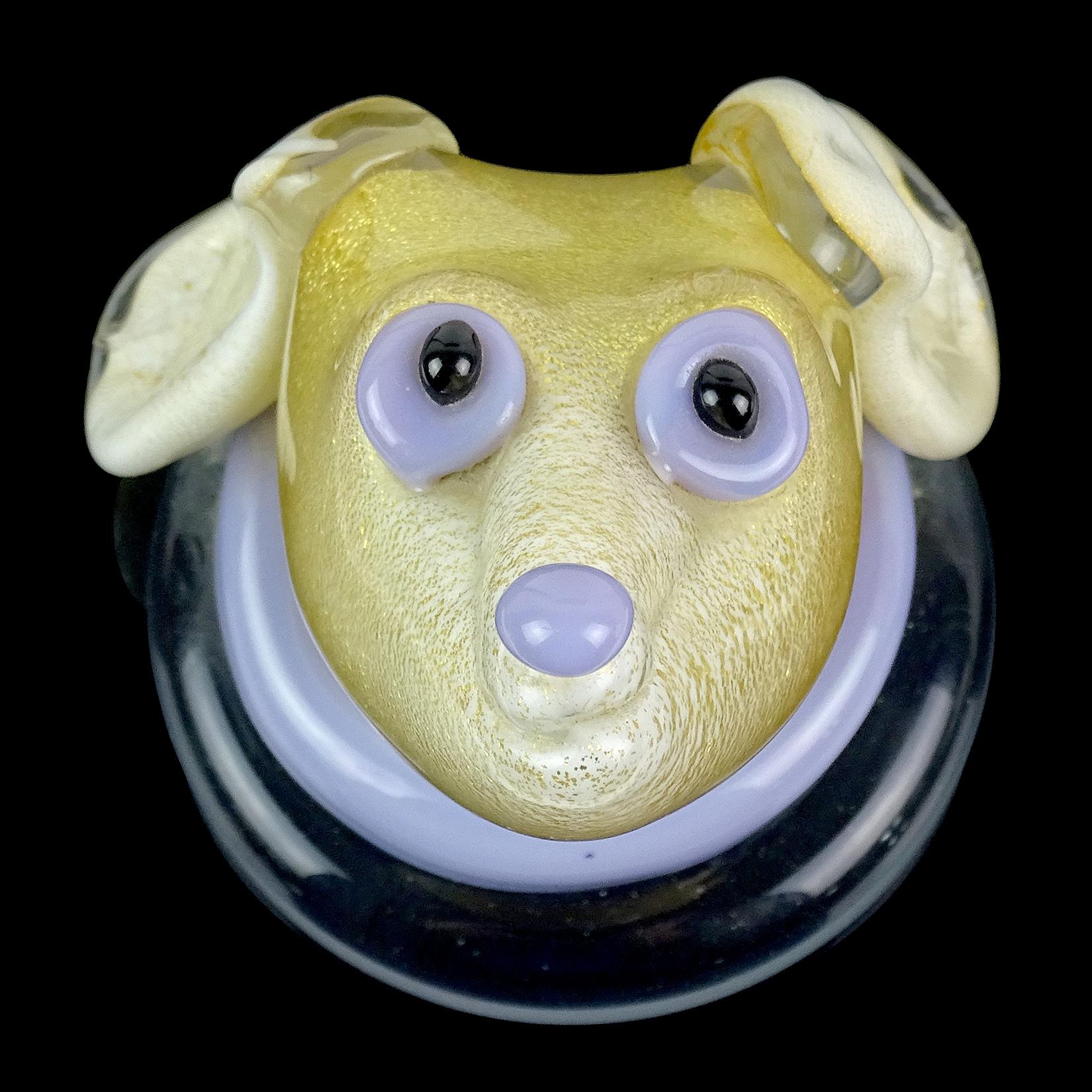 Mid-Century Modern Murano White Gold Flecks Purple Italian Art Glass Puppy Dog Head Paperweight